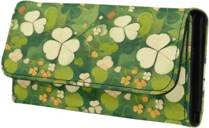 Green Clover Print Long Wallet Women St. Patrick's Day Slim Clutch Purse Wallet, Irish Shamrock Pattern Zipper Phone Organizer Ladies Travel Purse, Faux Leather