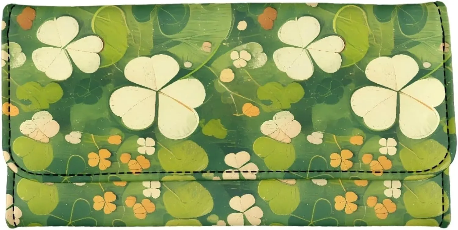Green Clover Print Long Wallet Women St. Patrick's Day Slim Clutch Purse Wallet, Irish Shamrock Pattern Zipper Phone Organizer Ladies Travel Purse, Faux Leather