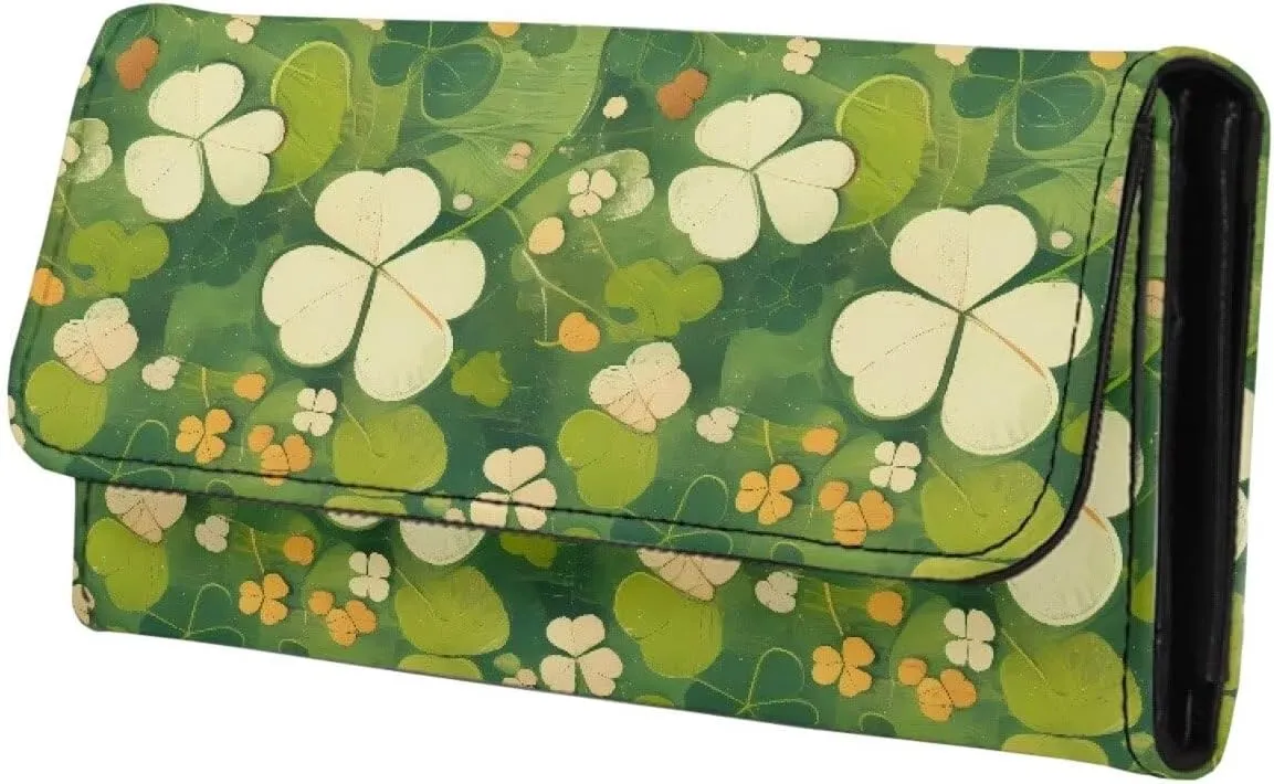 Green Clover Print Long Wallet Women St. Patrick's Day Slim Clutch Purse Wallet, Irish Shamrock Pattern Zipper Phone Organizer Ladies Travel Purse, Faux Leather