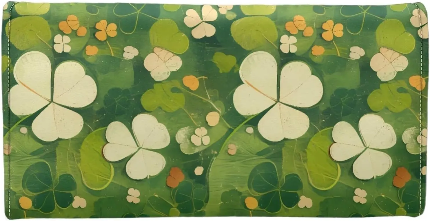 Green Clover Print Long Wallet Women St. Patrick's Day Slim Clutch Purse Wallet, Irish Shamrock Pattern Zipper Phone Organizer Ladies Travel Purse, Faux Leather