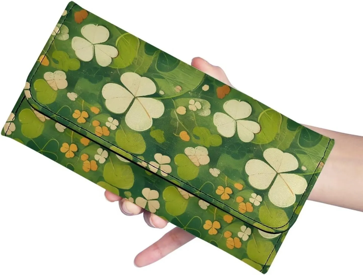 Green Clover Print Long Wallet Women St. Patrick's Day Slim Clutch Purse Wallet, Irish Shamrock Pattern Zipper Phone Organizer Ladies Travel Purse, Faux Leather