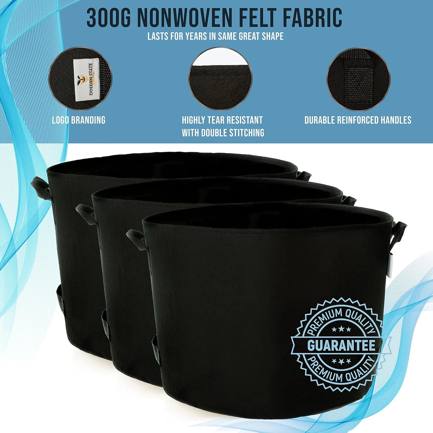 Grow Bags: 5-Pack (Size: 25 Gallon): 300gsm Black Felt Fabric, Biodegradable and eco-Friendly Material. (Handles   Dumping Handles-pat.Pend).