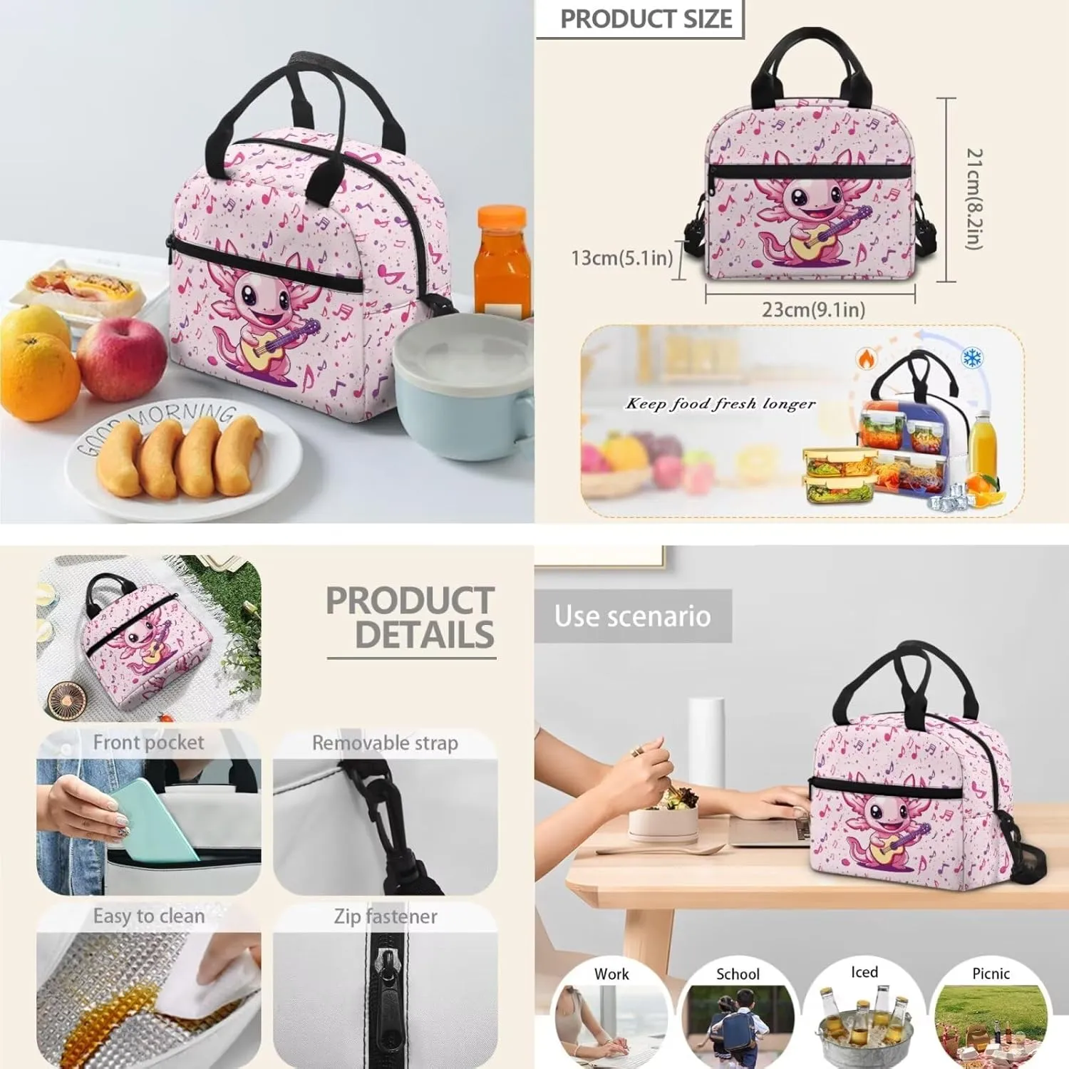 Guitar Axolotl Backpack Set Cute Music Note School Backpacks for Girls 3 in 1 Rucksack with Lunch Box Handbag and Pencil Case for Elementary Kindergarten