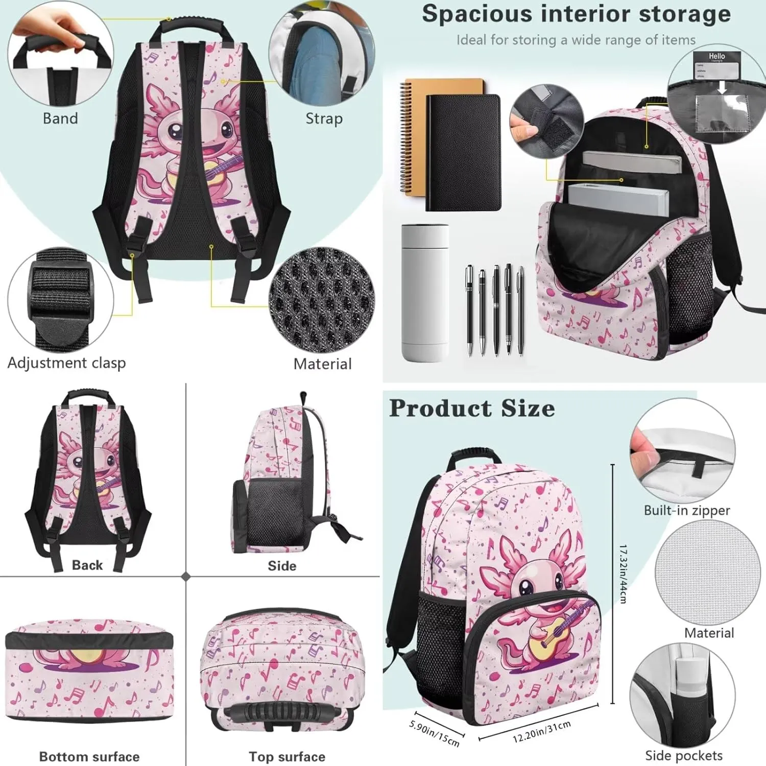 Guitar Axolotl Backpack Set Cute Music Note School Backpacks for Girls 3 in 1 Rucksack with Lunch Box Handbag and Pencil Case for Elementary Kindergarten