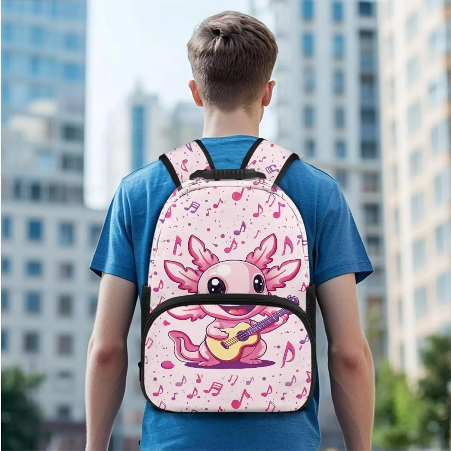 Guitar Axolotl Backpack Set Cute Music Note School Backpacks for Girls 3 in 1 Rucksack with Lunch Box Handbag and Pencil Case for Elementary Kindergarten