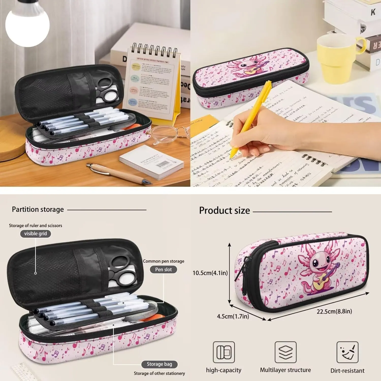 Guitar Axolotl Backpack Set Cute Music Note School Backpacks for Girls 3 in 1 Rucksack with Lunch Box Handbag and Pencil Case for Elementary Kindergarten