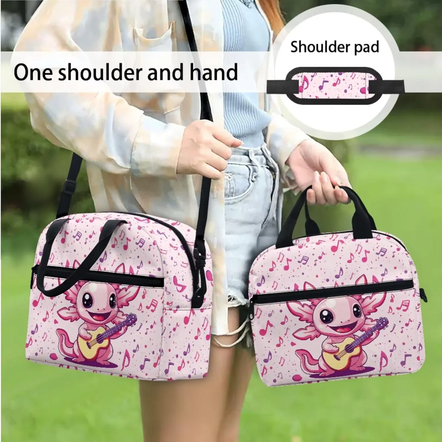 Guitar Axolotl Backpack Set Cute Music Note School Backpacks for Girls 3 in 1 Rucksack with Lunch Box Handbag and Pencil Case for Elementary Kindergarten
