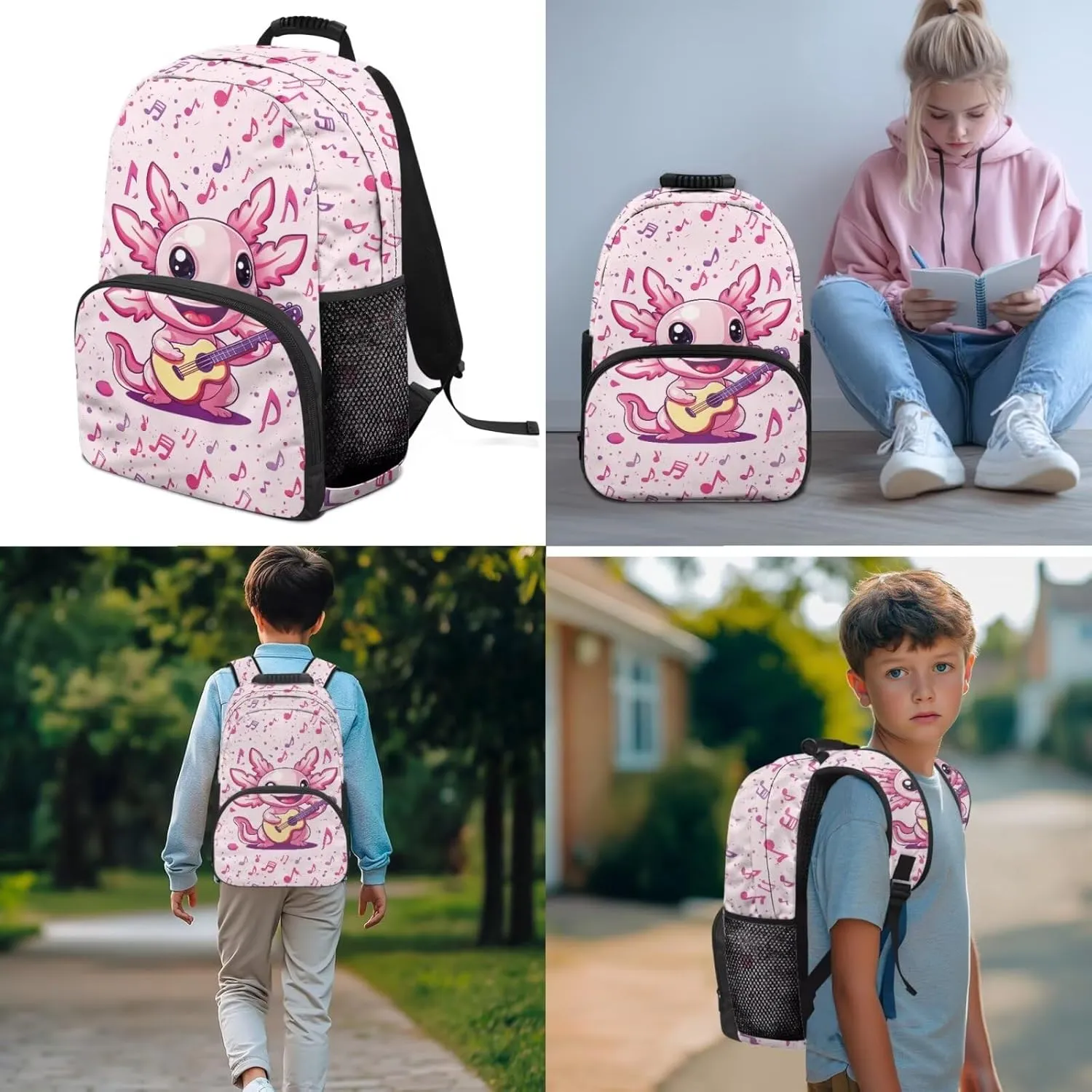 Guitar Axolotl Backpack Set Cute Music Note School Backpacks for Girls 3 in 1 Rucksack with Lunch Box Handbag and Pencil Case for Elementary Kindergarten