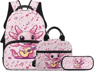 Guitar Axolotl Backpack Set Cute Music Note School Backpacks for Girls 3 in 1 Rucksack with Lunch Box Handbag and Pencil Case for Elementary Kindergarten