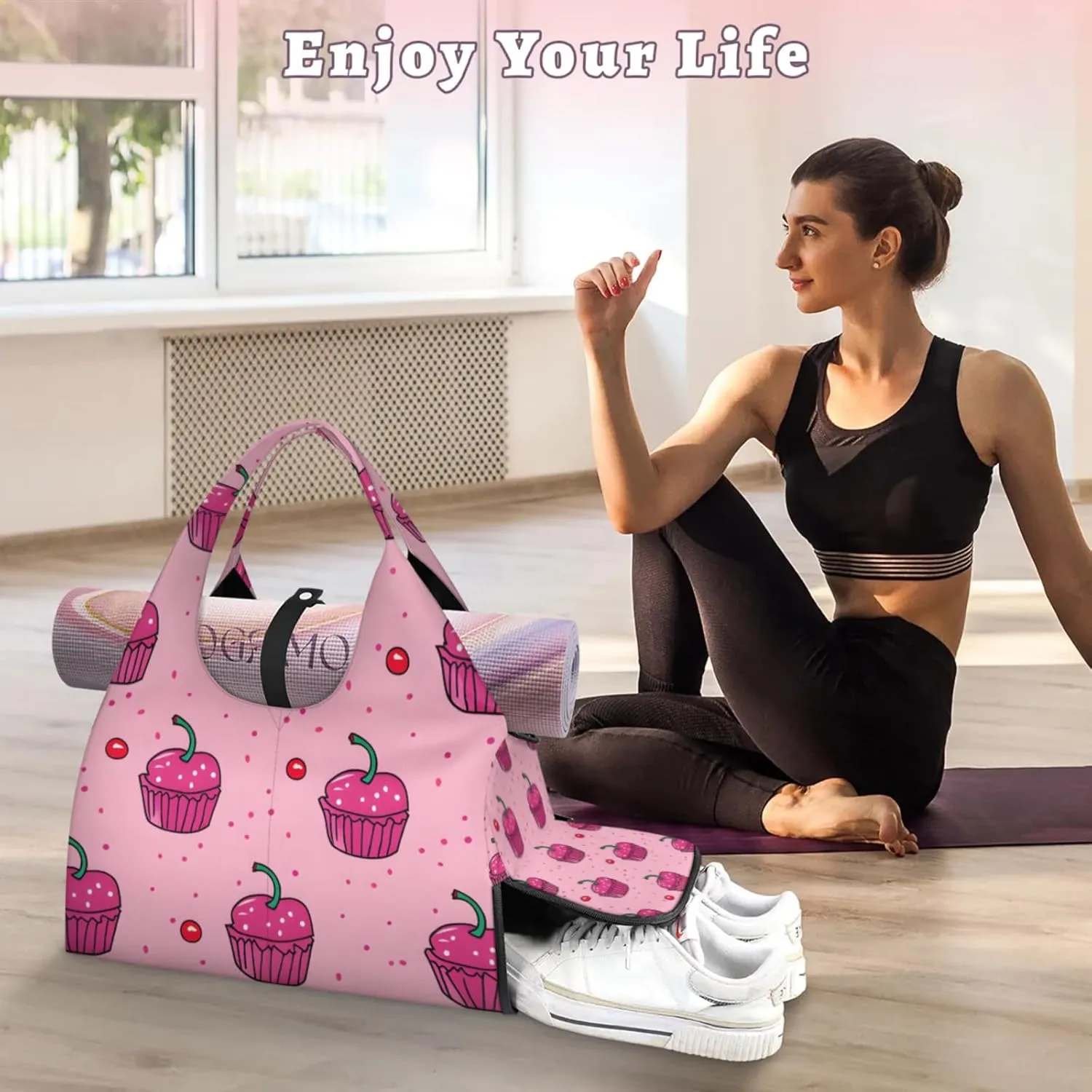 Gym Bag for Women Cute Cherry Cake Duffel Bag with Shoe Compartment and Yoga Mat Holder Portable Weekender Bags Travel Tote Bags
