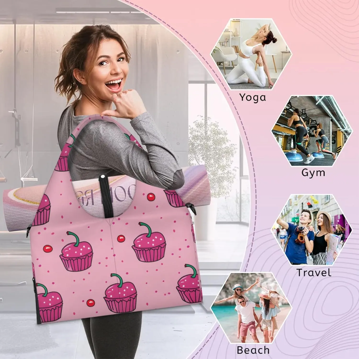 Gym Bag for Women Cute Cherry Cake Duffel Bag with Shoe Compartment and Yoga Mat Holder Portable Weekender Bags Travel Tote Bags
