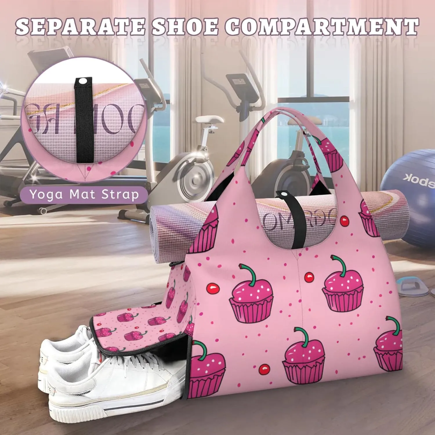 Gym Bag for Women Cute Cherry Cake Duffel Bag with Shoe Compartment and Yoga Mat Holder Portable Weekender Bags Travel Tote Bags