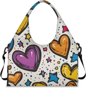 Gym Bag for Women Cute Hearts Stars Duffel Bag with Shoe Compartment and Yoga Mat Holder Portable Weekender Bags Travel Tote Bags