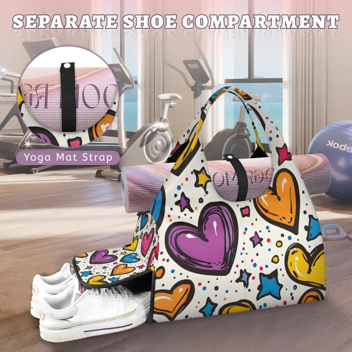 Gym Bag for Women Cute Hearts Stars Duffel Bag with Shoe Compartment and Yoga Mat Holder Portable Weekender Bags Travel Tote Bags