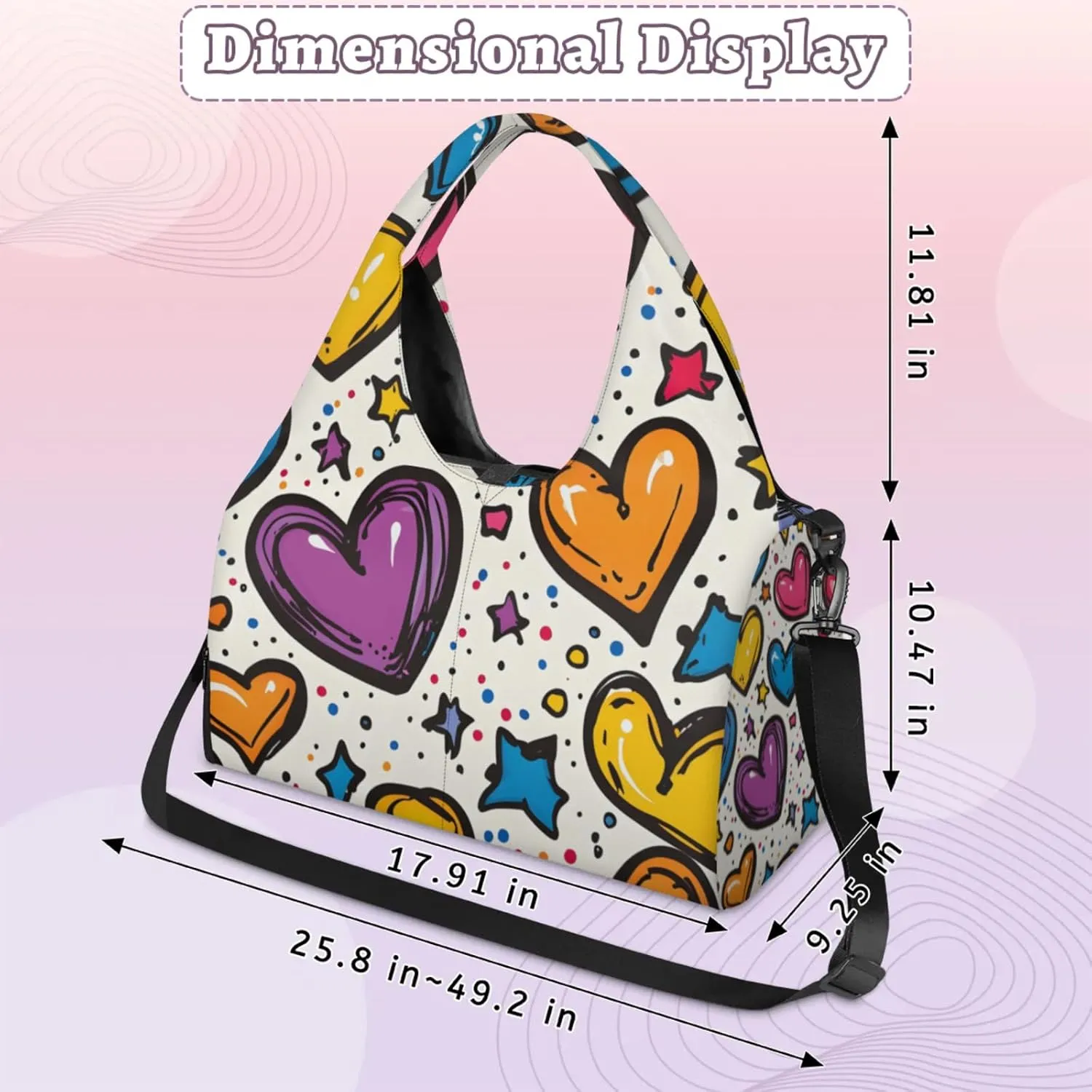 Gym Bag for Women Cute Hearts Stars Duffel Bag with Shoe Compartment and Yoga Mat Holder Portable Weekender Bags Travel Tote Bags