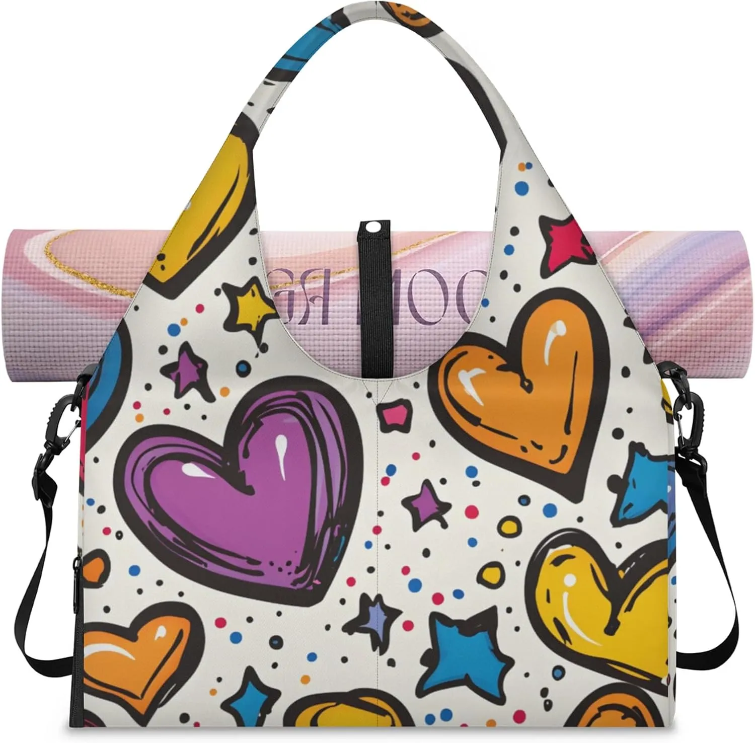 Gym Bag for Women Cute Hearts Stars Duffel Bag with Shoe Compartment and Yoga Mat Holder Portable Weekender Bags Travel Tote Bags