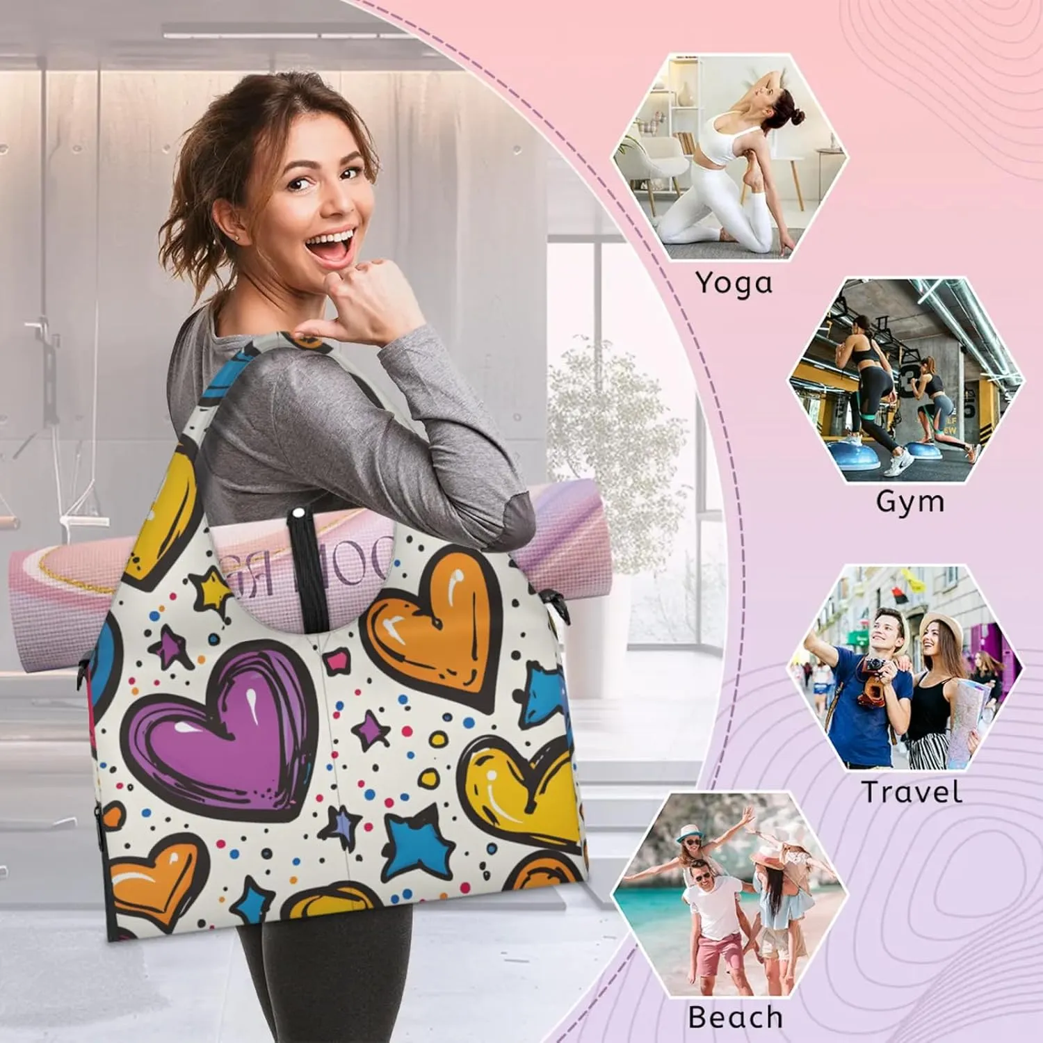 Gym Bag for Women Cute Hearts Stars Duffel Bag with Shoe Compartment and Yoga Mat Holder Portable Weekender Bags Travel Tote Bags