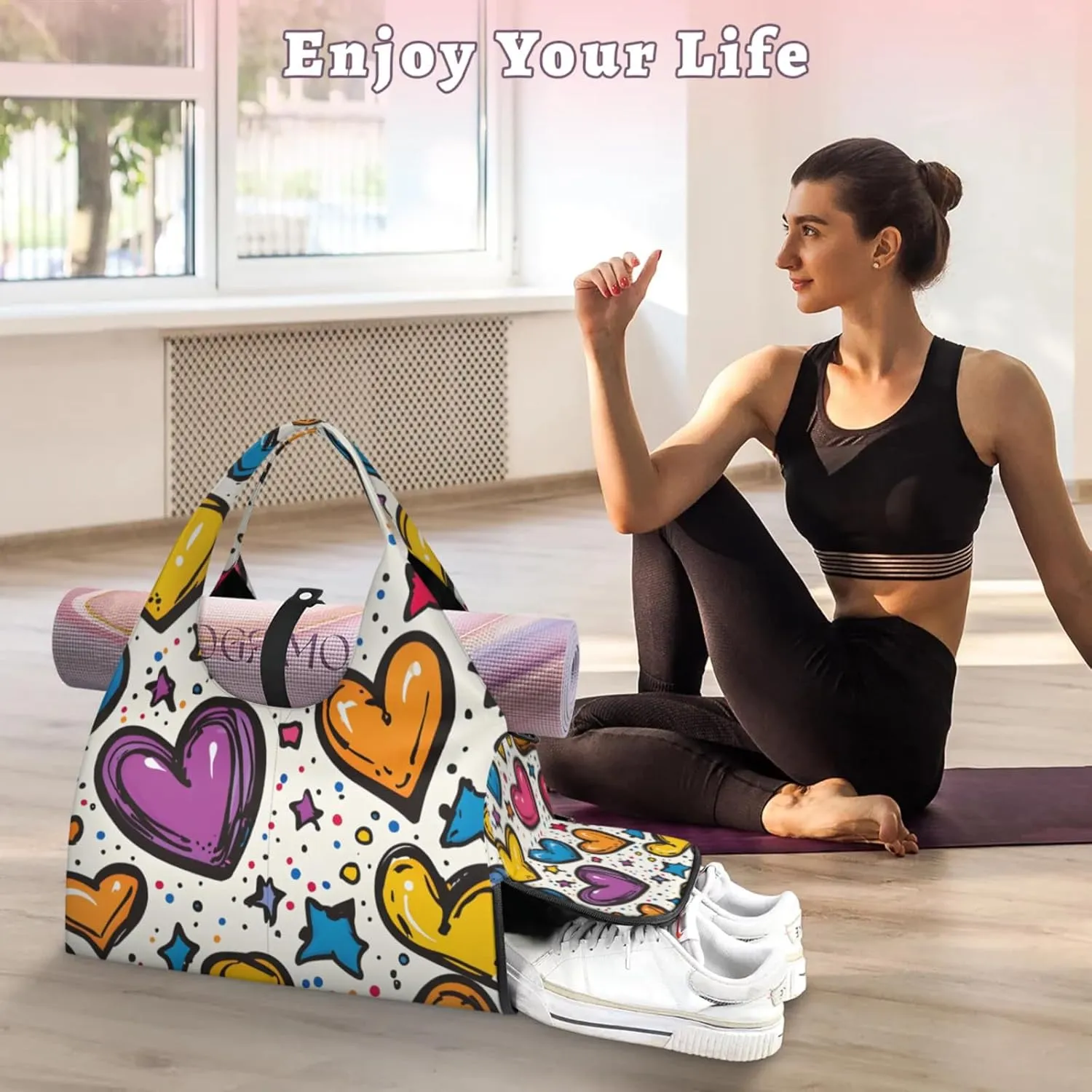 Gym Bag for Women Cute Hearts Stars Duffel Bag with Shoe Compartment and Yoga Mat Holder Portable Weekender Bags Travel Tote Bags