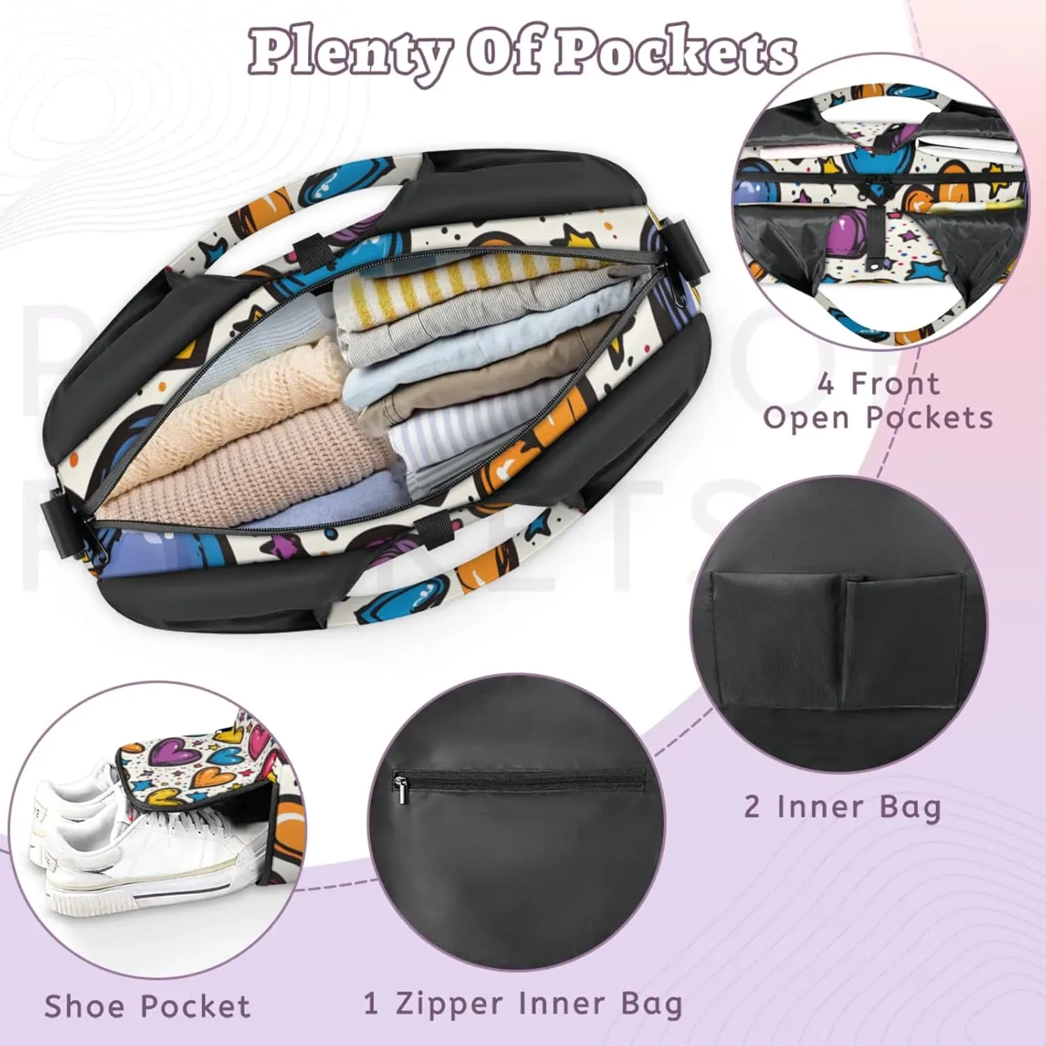 Gym Bag for Women Cute Hearts Stars Duffel Bag with Shoe Compartment and Yoga Mat Holder Portable Weekender Bags Travel Tote Bags