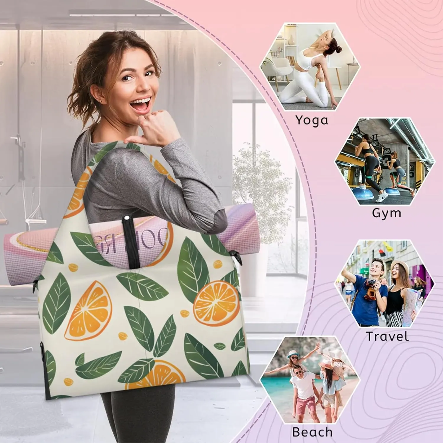 Gym Bag for Women Cute Orange Leaves Duffel Bag with Shoe Compartment and Yoga Mat Holder Portable Weekender Bags Travel Tote Bags