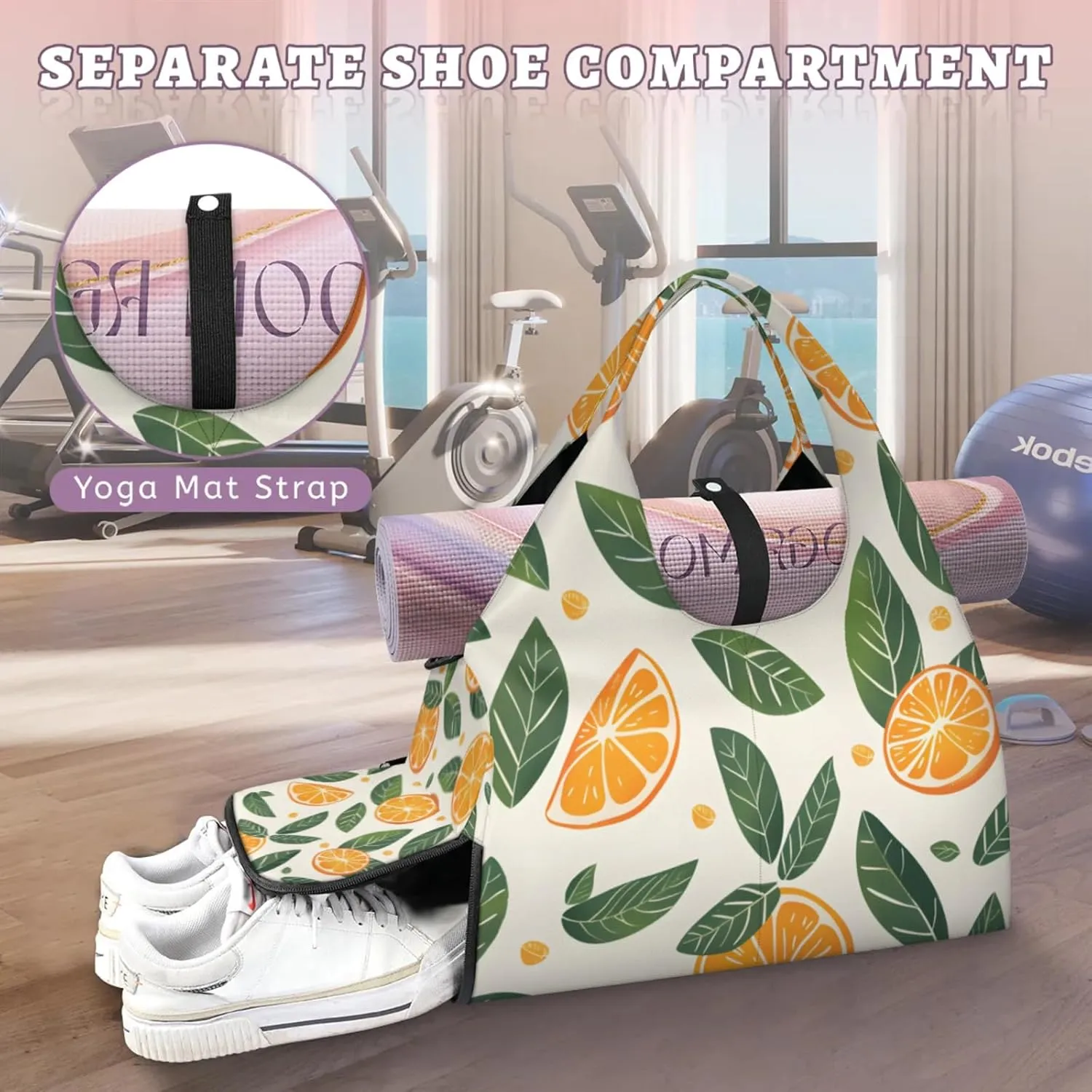 Gym Bag for Women Cute Orange Leaves Duffel Bag with Shoe Compartment and Yoga Mat Holder Portable Weekender Bags Travel Tote Bags