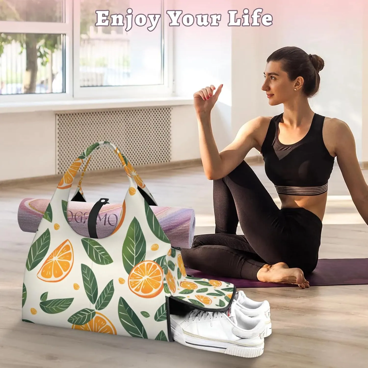 Gym Bag for Women Cute Orange Leaves Duffel Bag with Shoe Compartment and Yoga Mat Holder Portable Weekender Bags Travel Tote Bags