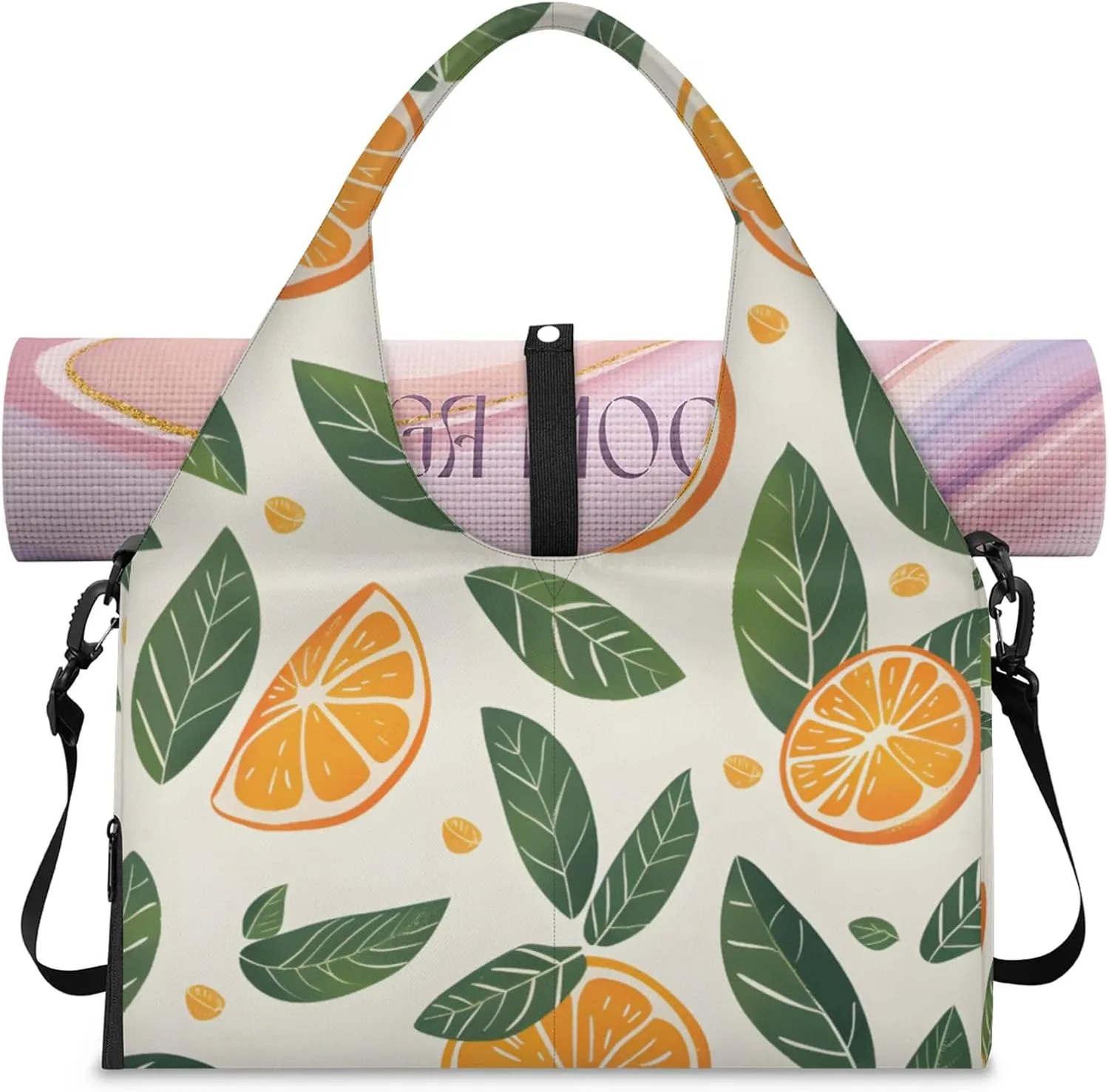 Gym Bag for Women Cute Orange Leaves Duffel Bag with Shoe Compartment and Yoga Mat Holder Portable Weekender Bags Travel Tote Bags