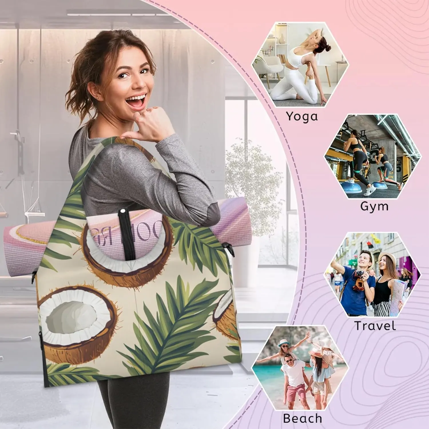 Gym Bag for Women Leaves Coconut Duffel Bag with Shoe Compartment and Yoga Mat Holder Portable Weekender Bags Travel Tote Bags