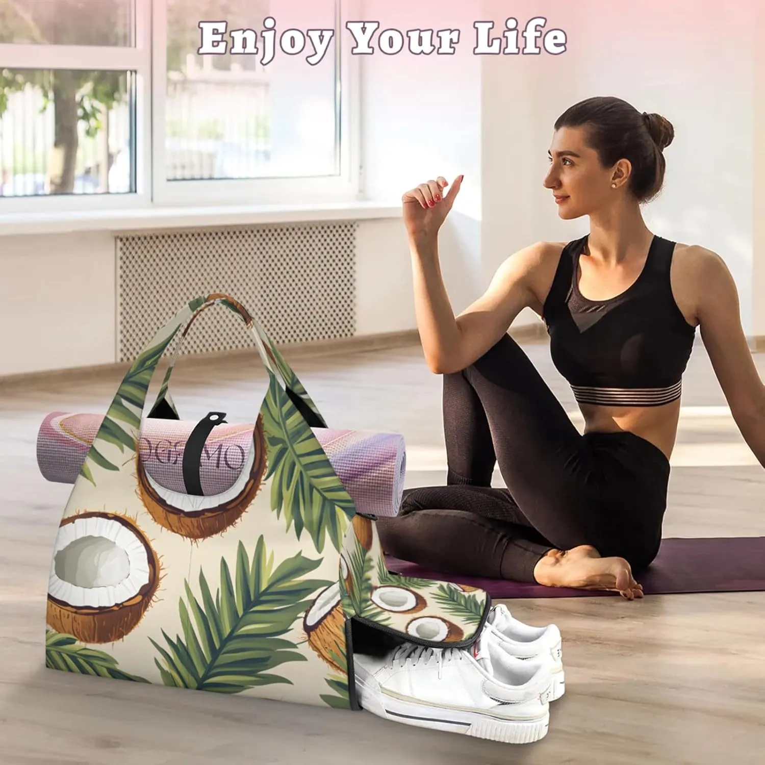 Gym Bag for Women Leaves Coconut Duffel Bag with Shoe Compartment and Yoga Mat Holder Portable Weekender Bags Travel Tote Bags