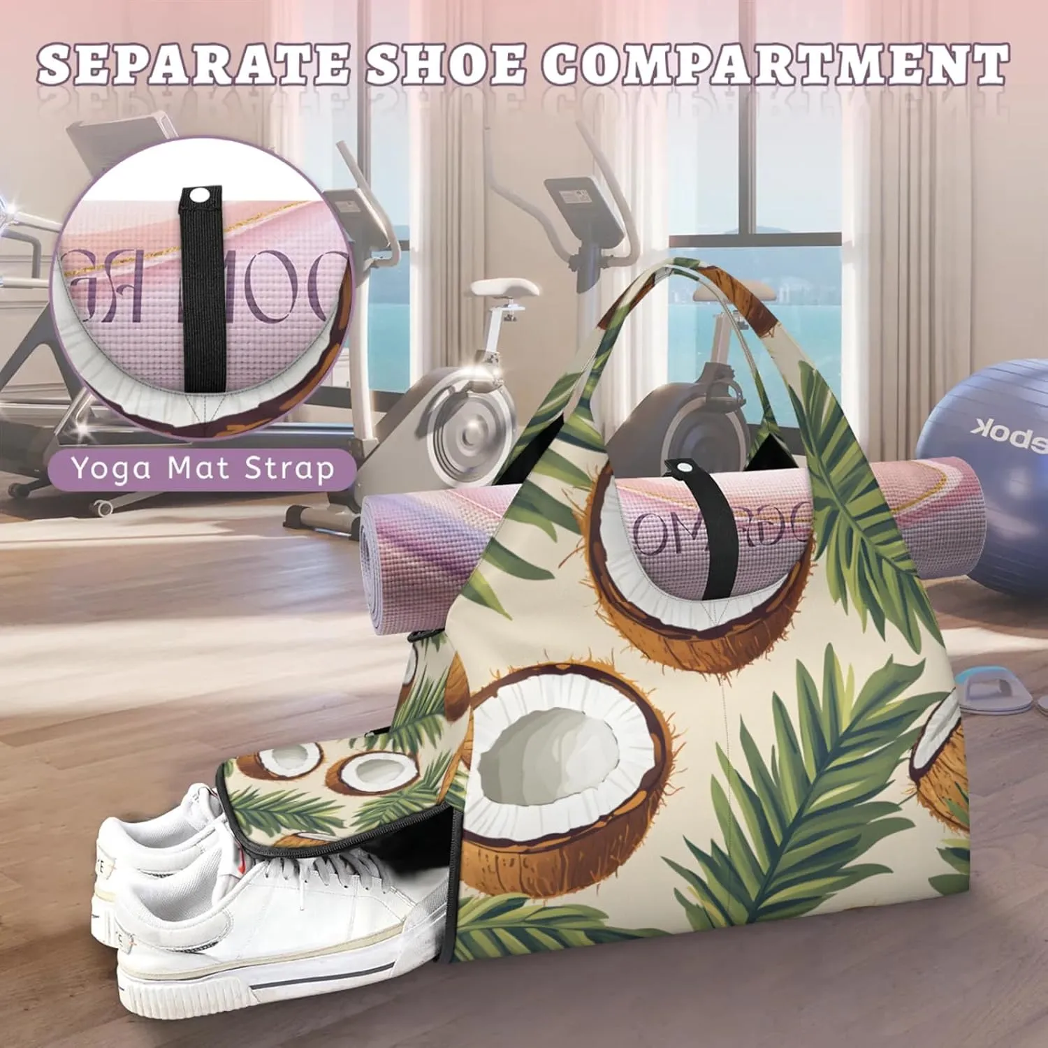 Gym Bag for Women Leaves Coconut Duffel Bag with Shoe Compartment and Yoga Mat Holder Portable Weekender Bags Travel Tote Bags