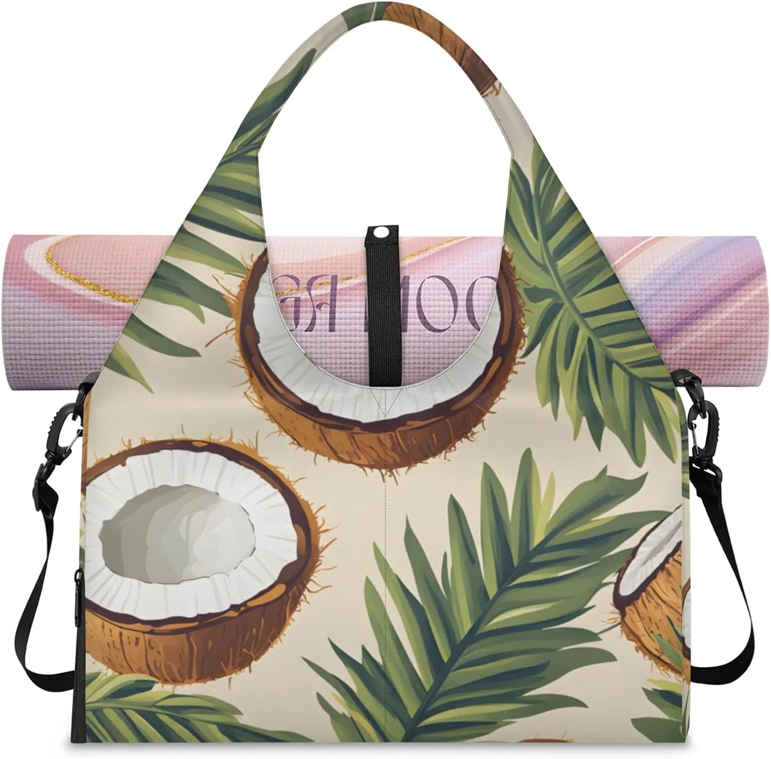 Gym Bag for Women Leaves Coconut Duffel Bag with Shoe Compartment and Yoga Mat Holder Portable Weekender Bags Travel Tote Bags