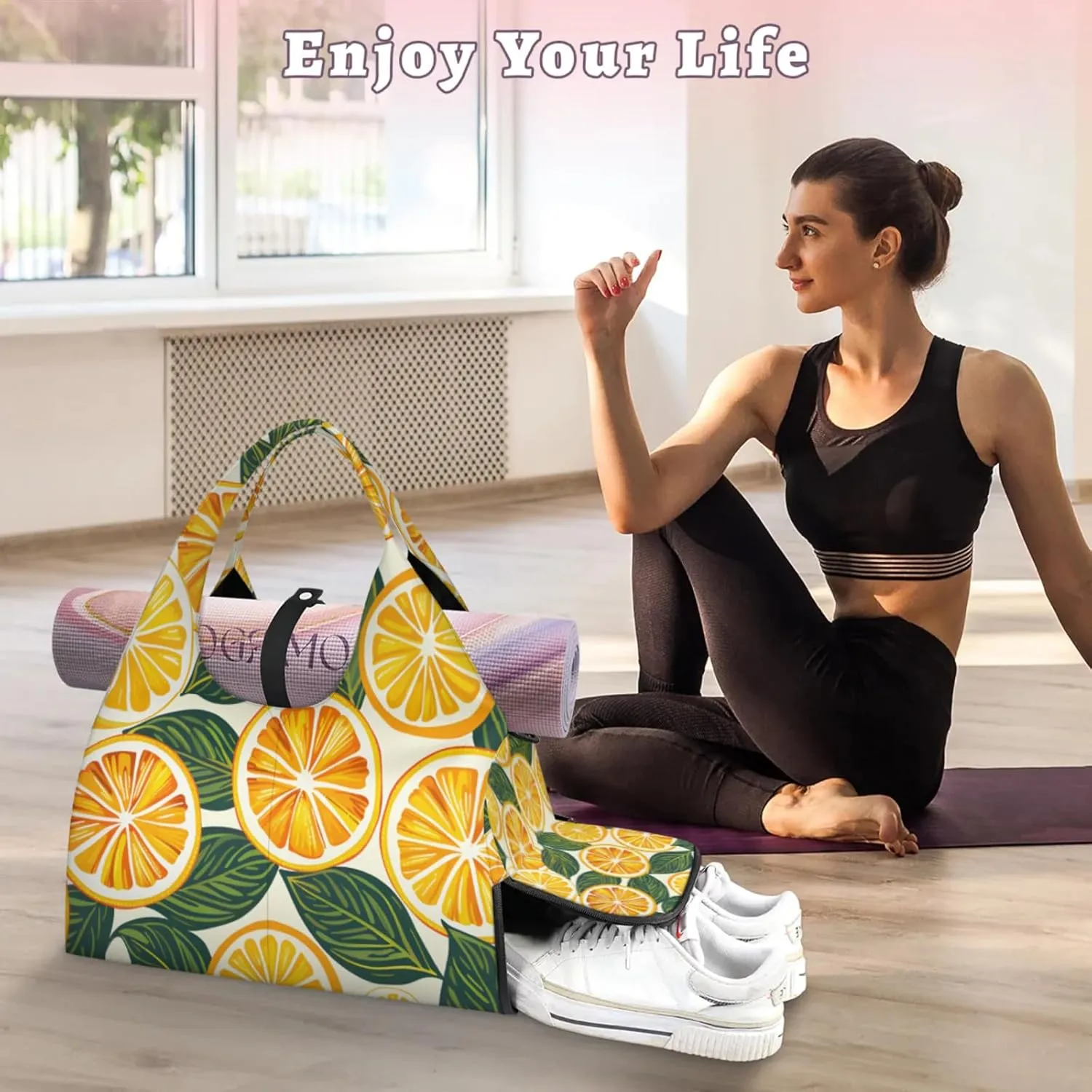 Gym Bag for Women Oranges Slices Duffel Bag with Shoe Compartment and Yoga Mat Holder Portable Weekender Bags Travel Tote Bags