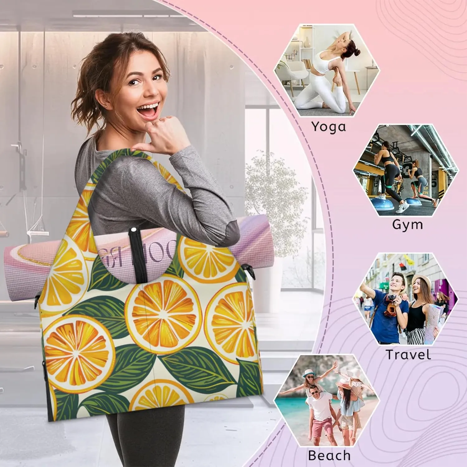 Gym Bag for Women Oranges Slices Duffel Bag with Shoe Compartment and Yoga Mat Holder Portable Weekender Bags Travel Tote Bags