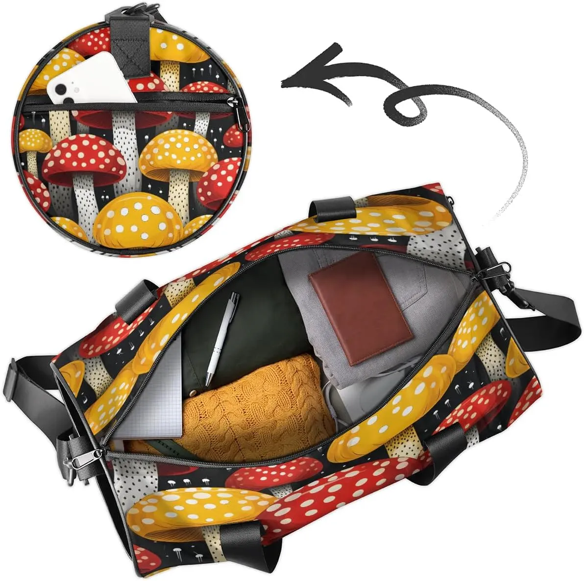 Gym Bags for Men Women Cartoon Mushrooms Sports Duffel Bags Carry On Travel Duffle Bag with Detachable Adjustable Shoulder Strap Overnight Weekender Bag