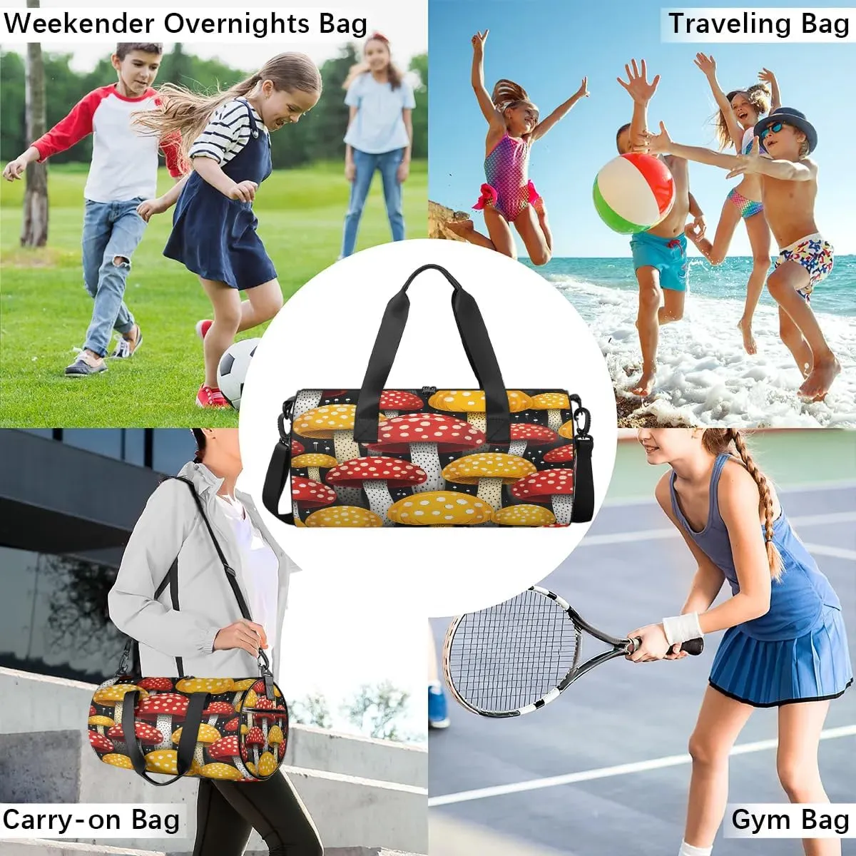 Gym Bags for Men Women Cartoon Mushrooms Sports Duffel Bags Carry On Travel Duffle Bag with Detachable Adjustable Shoulder Strap Overnight Weekender Bag