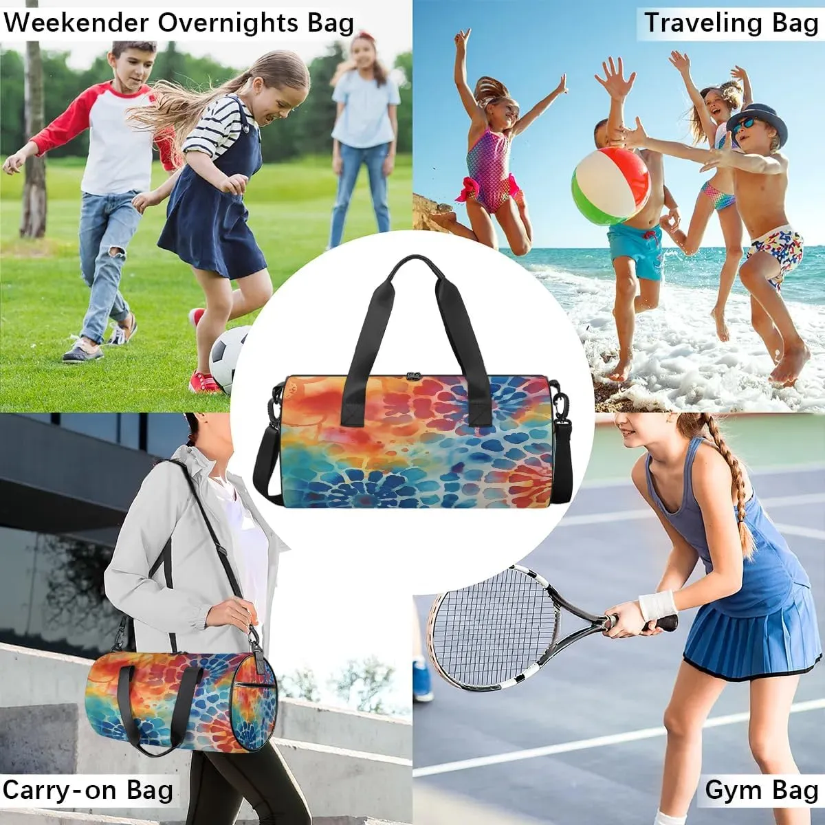 Gym Bags for Men Women Colorful Tie Dye Pattern Sports Duffel Bags Carry On Travel Duffle Bag with Detachable Adjustable Shoulder Strap Overnight Weekender Bag