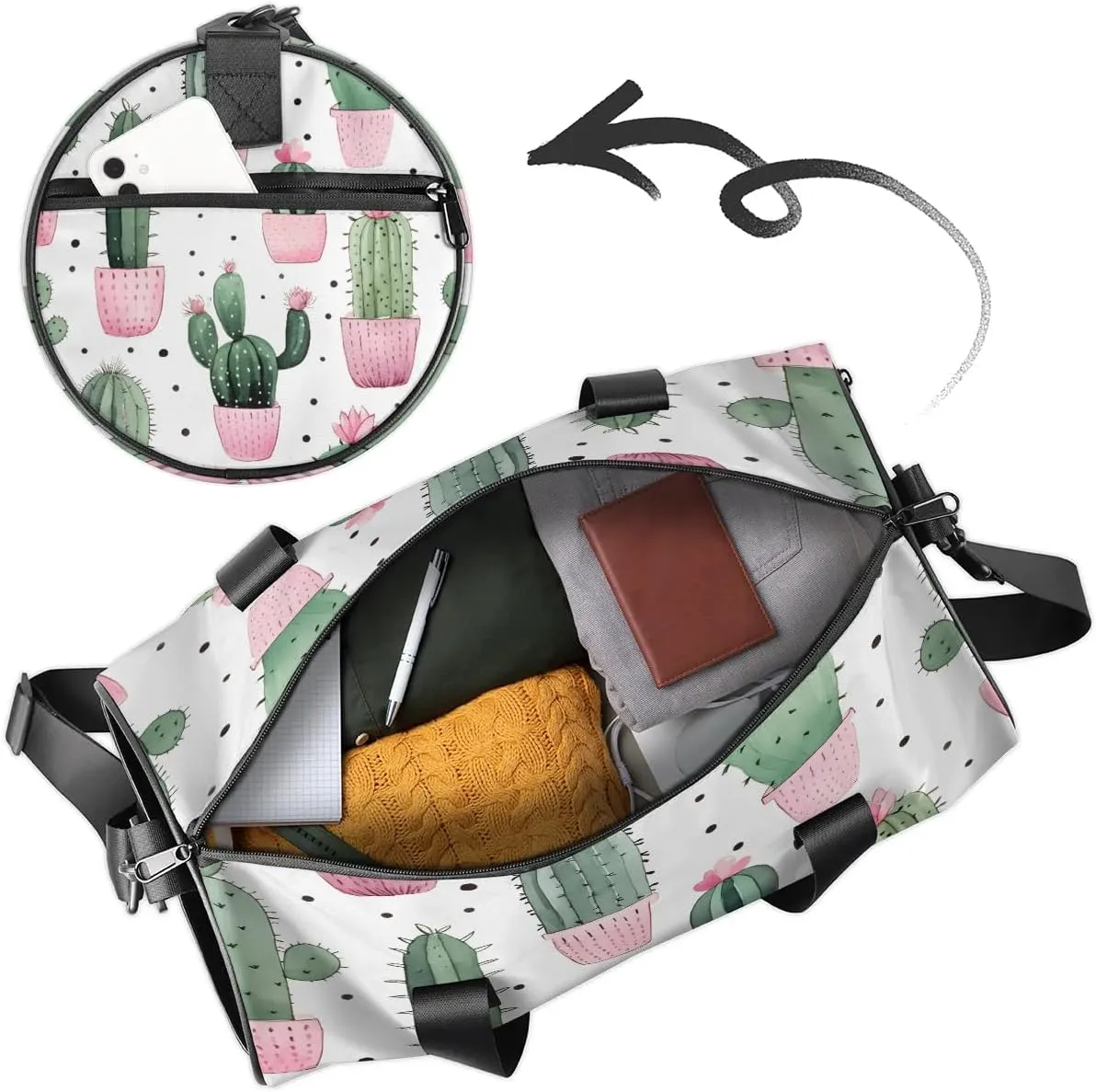 Gym Bags for Men Women Cute Cactus Print Sports Duffel Bags Carry On Travel Duffle Bag with Detachable Adjustable Shoulder Strap Overnight Weekender Bag