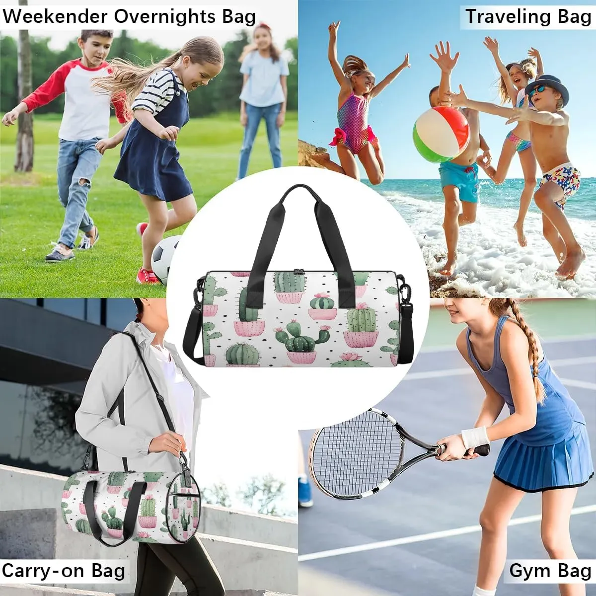 Gym Bags for Men Women Cute Cactus Print Sports Duffel Bags Carry On Travel Duffle Bag with Detachable Adjustable Shoulder Strap Overnight Weekender Bag