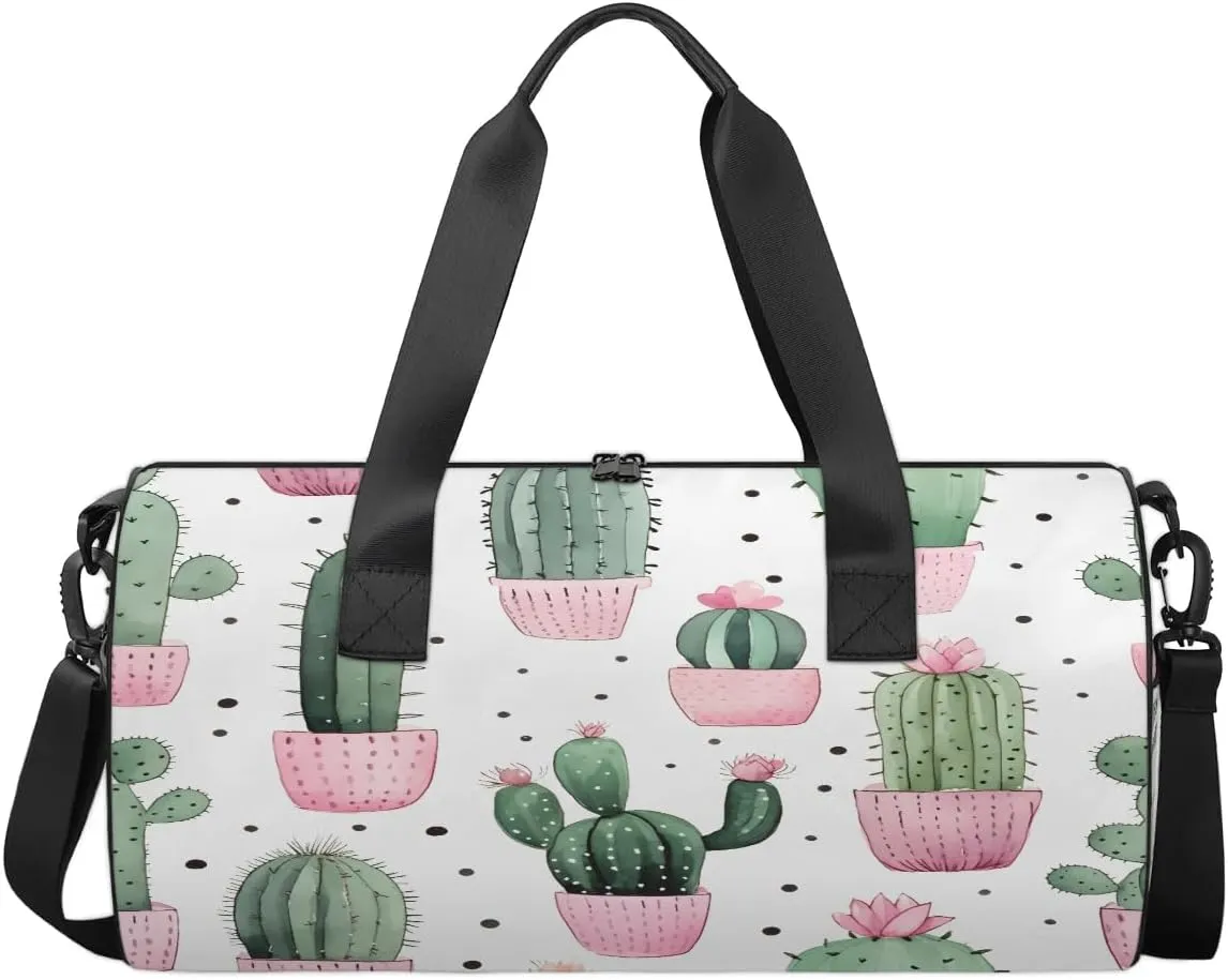 Gym Bags for Men Women Cute Cactus Print Sports Duffel Bags Carry On Travel Duffle Bag with Detachable Adjustable Shoulder Strap Overnight Weekender Bag