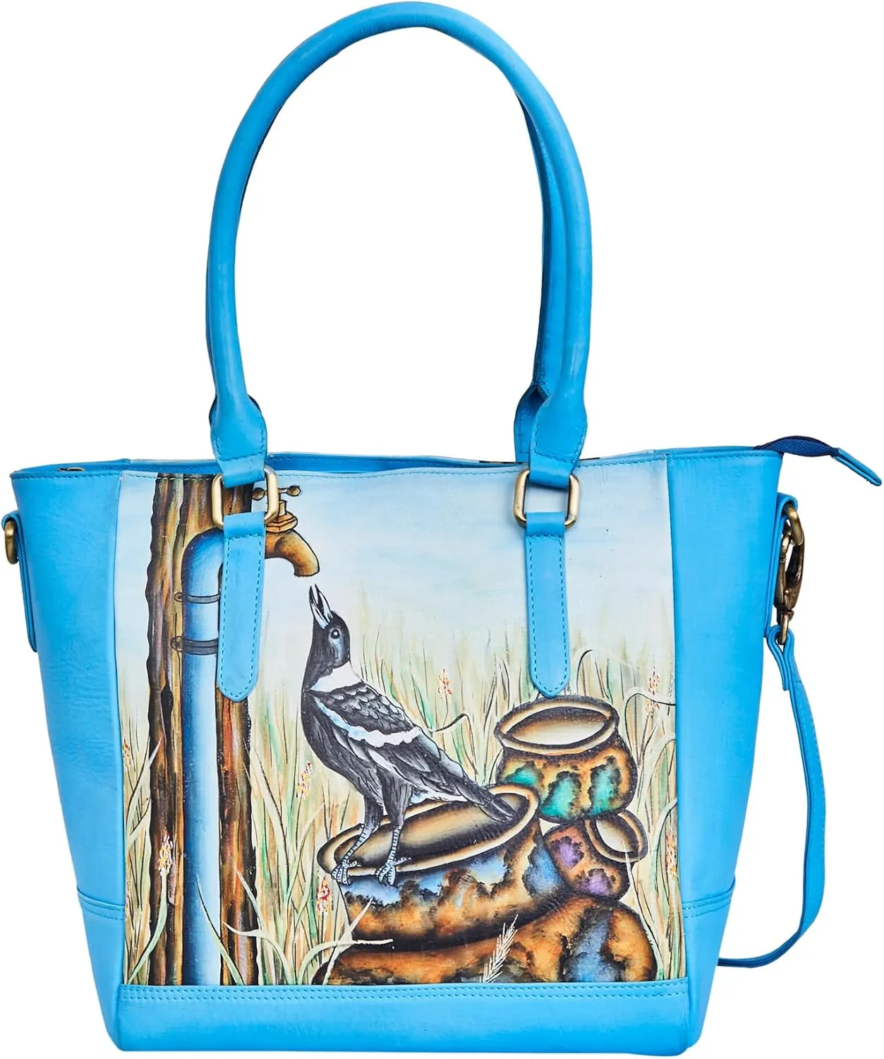 Hand-Painted Spacious Carry-All Bag with Crow Artwork| 12.5" x 15" x 6.25" | Artistic & Functional Tote with Detachable Strap for Versatile Use