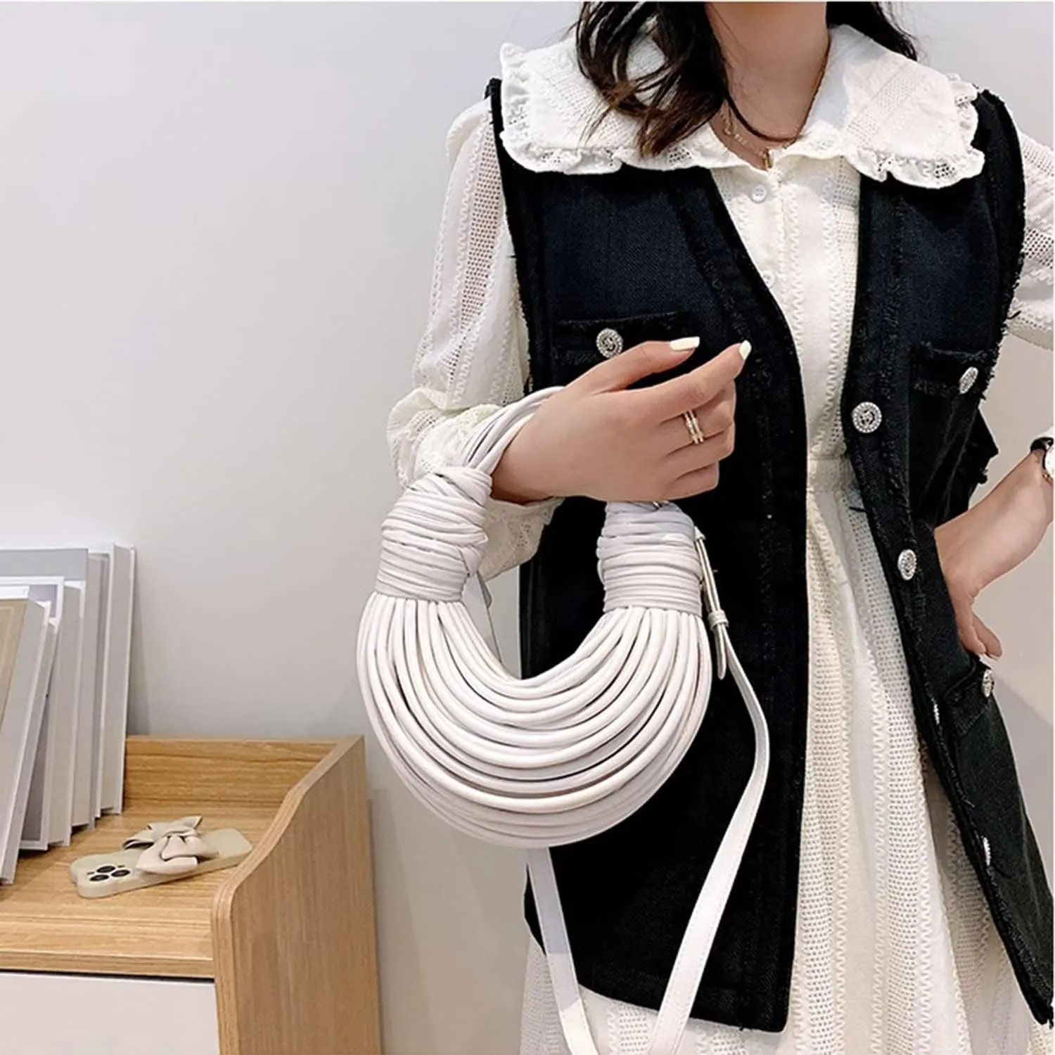 Hand-Woven Bread Women's Clutch Top Handle Satchel Shoulder Crossbody Creative Noodles Purses Underarm Bag Handbag