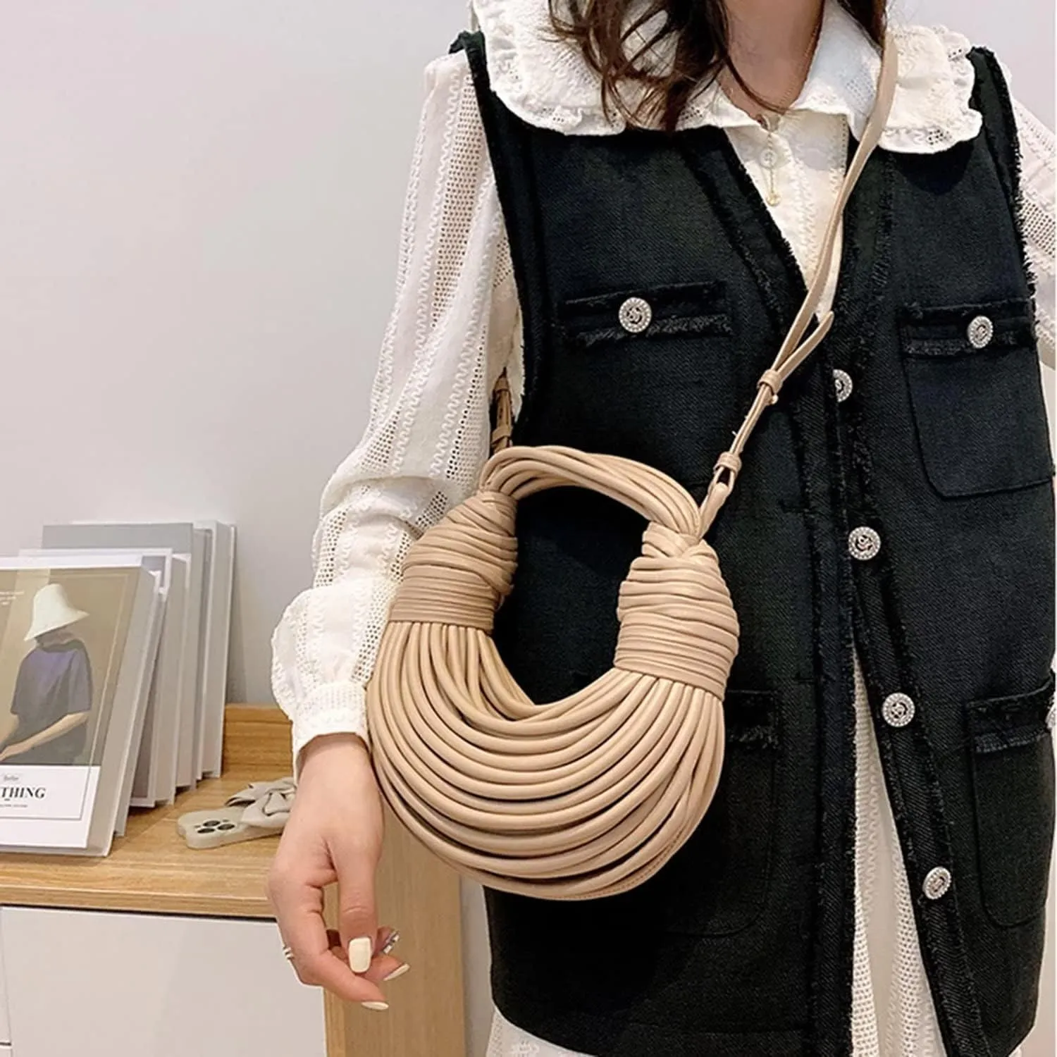 Hand-Woven Bread Women's Clutch Top Handle Satchel Shoulder Crossbody Creative Noodles Purses Underarm Bag Handbag