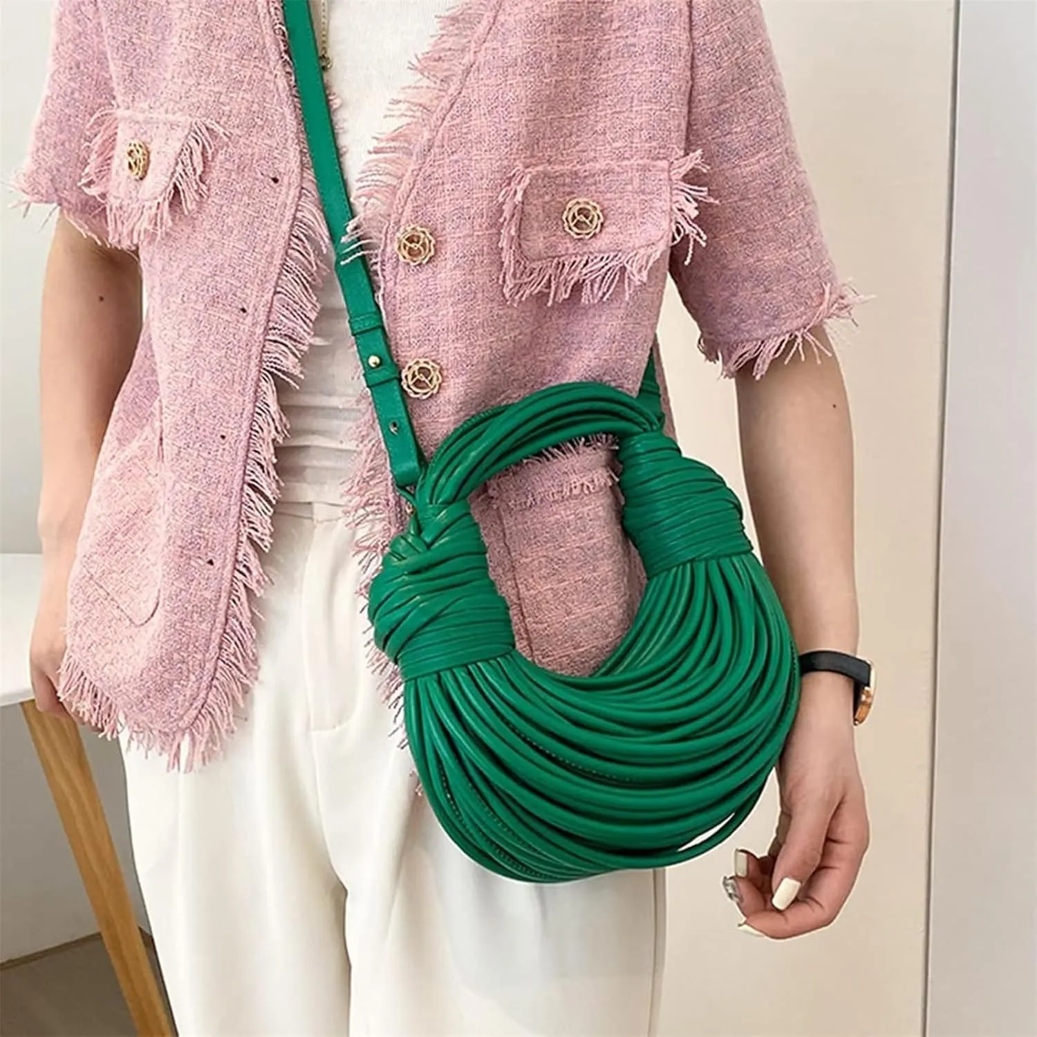 Hand-Woven Bread Women's Clutch Top Handle Satchel Shoulder Crossbody Creative Noodles Purses Underarm Bag Handbag