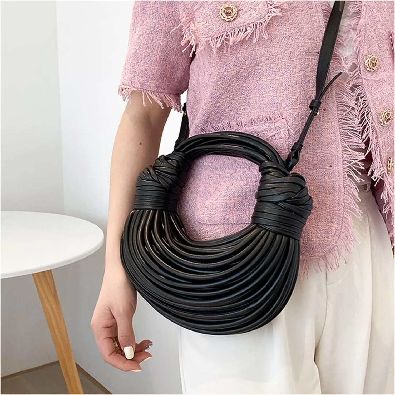 Hand-Woven Bread Women's Clutch Top Handle Satchel Shoulder Crossbody Creative Noodles Purses Underarm Bag Handbag
