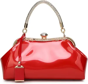 Handbags for Women Glossy Patent Leather Top Handle Purse Crystal Buckle Satchel Bag Evening Tote Bags Shoulder Bag