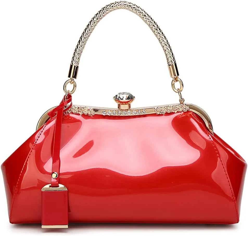 Handbags for Women Glossy Patent Leather Top Handle Purse Crystal Buckle Satchel Bag Evening Tote Bags Shoulder Bag