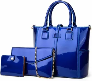 Handbags Patent Leather Handbags Set for Women 3pcs Shoulder Messenger Tote Bags(Blue)