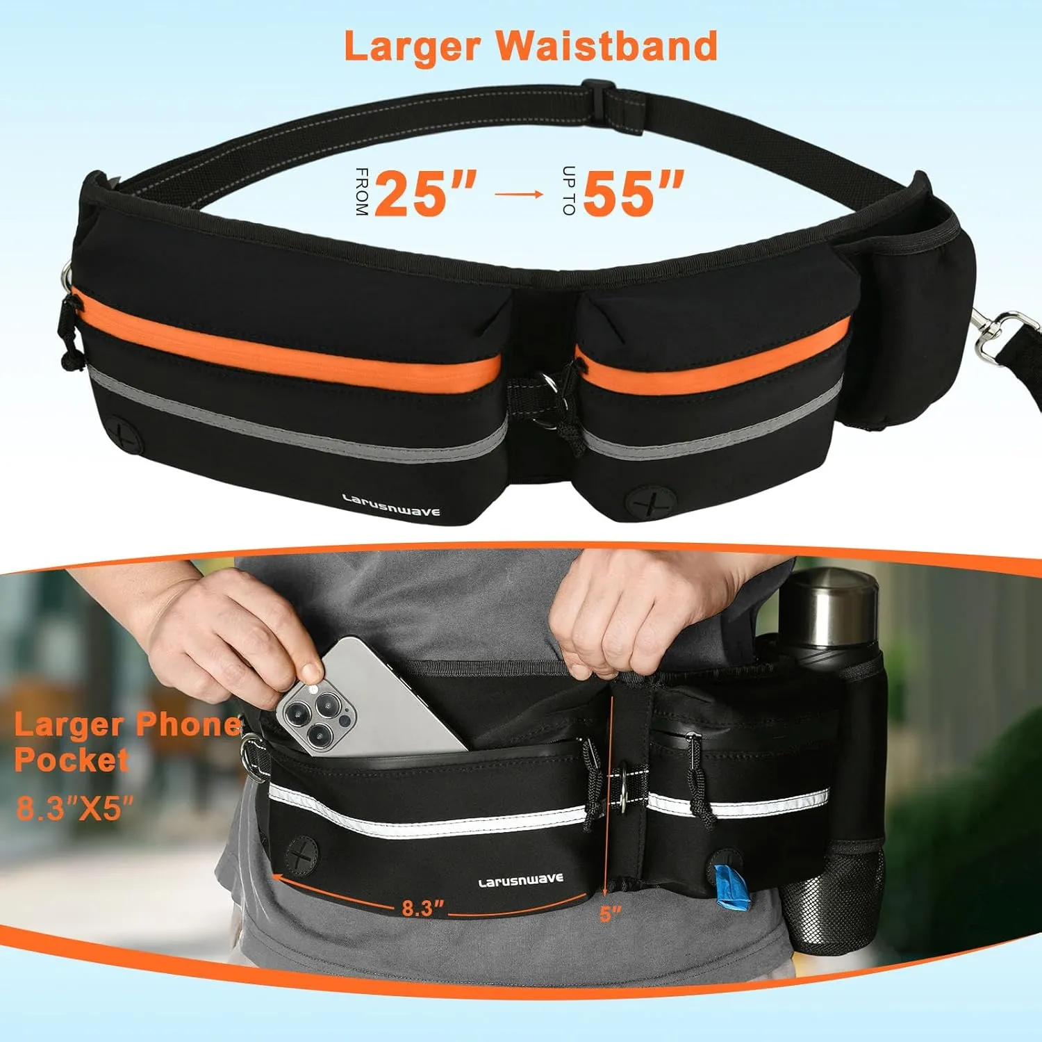 Hands Free Dog Leash, Waist Leash for Dog Walking with Zipper Pouch, Bungee Running Leash for Dogs, Adjustable Waist Fanny Pack from 25"-55", Reflective Waist Dog Leash - Premium Black