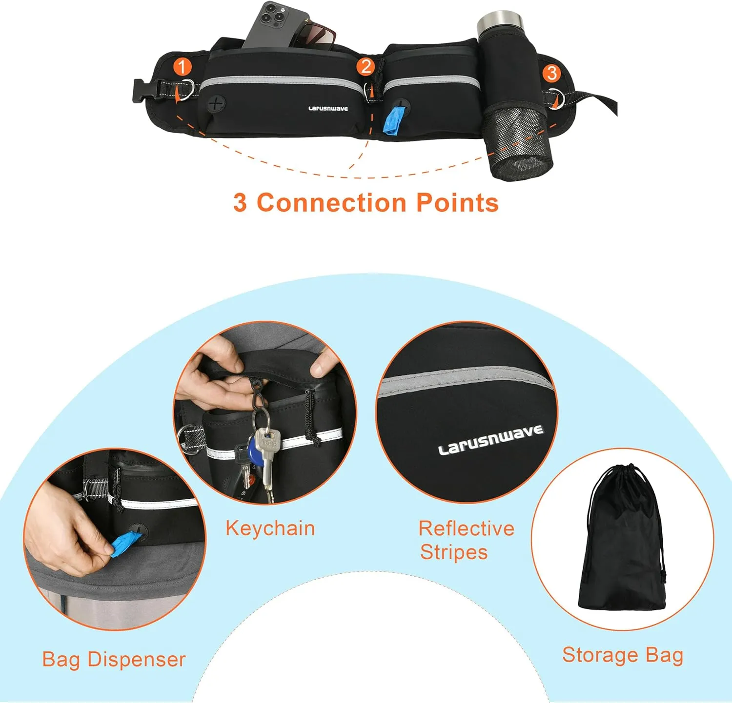 Hands Free Dog Leash, Waist Leash for Dog Walking with Zipper Pouch, Bungee Running Leash for Dogs, Adjustable Waist Fanny Pack from 25"-55", Reflective Waist Dog Leash - Premium Black