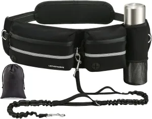 Hands Free Dog Leash, Waist Leash for Dog Walking with Zipper Pouch, Bungee Running Leash for Dogs, Adjustable Waist Fanny Pack from 25"-55", Reflective Waist Dog Leash - Premium Black